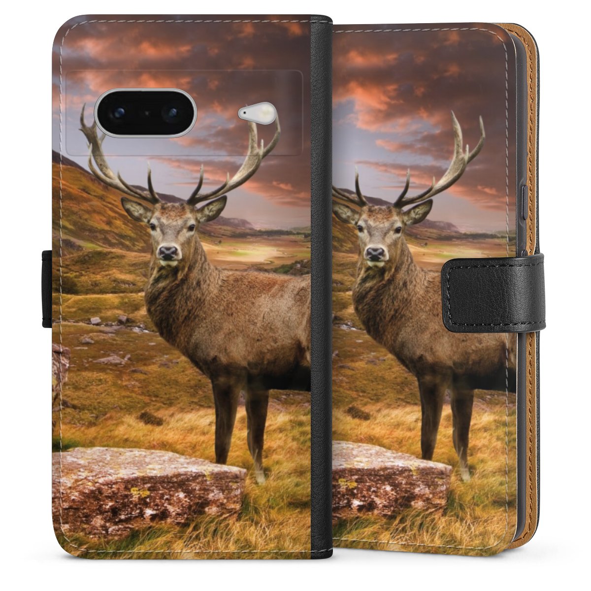 Google Pixel 7 Handy Klapphülle Handyhülle aus Kunst Leder schwarz Flip Case Meadow Mountain Deer Sideflip mit Lasche