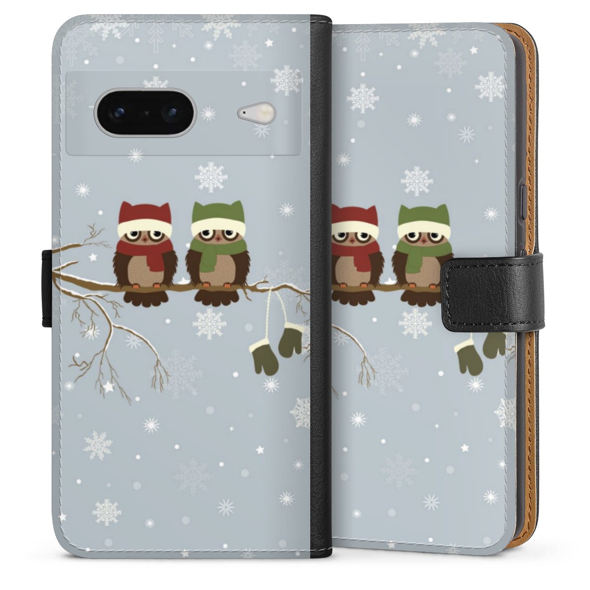 Google Pixel 7 Handy Klapphülle Handyhülle aus Kunst Leder schwarz Flip Case Owl Winter Christmas Sideflip mit Lasche