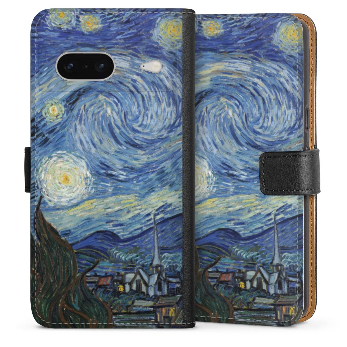 Google Pixel 7 Handy Klapphülle Handyhülle aus Kunst Leder schwarz Flip Case The Starry Night Kunst Vincent Van Gogh Sideflip mit Lasche