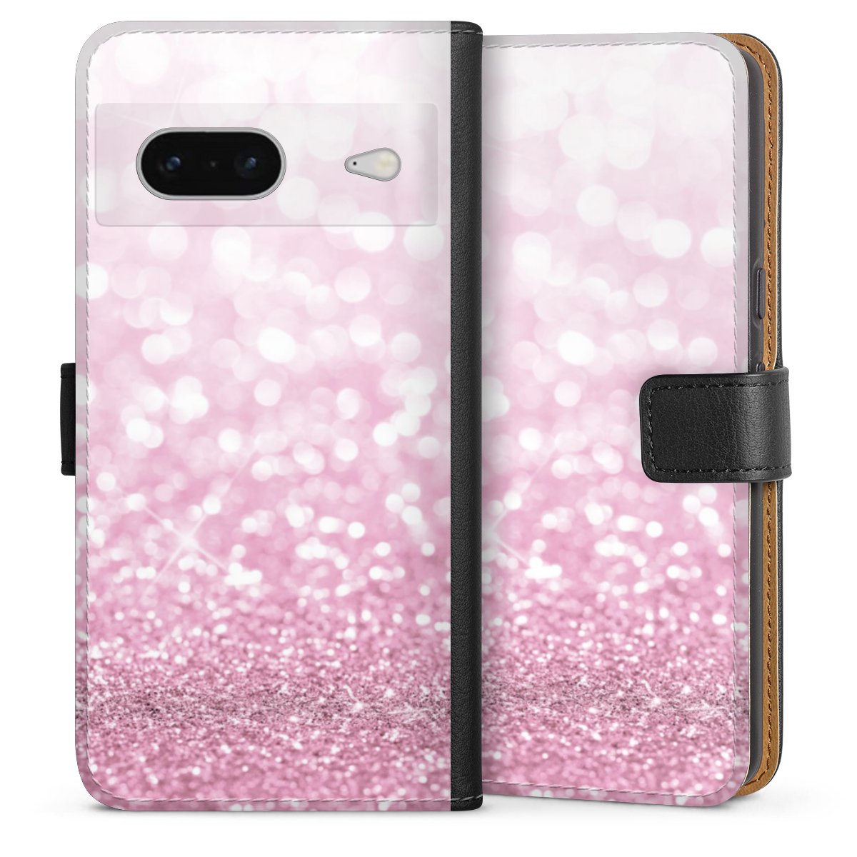 Google Pixel 7 Handy Klapphülle Handyhülle aus Kunst Leder schwarz Flip Case Glitzer Pink Shine Sideflip mit Lasche