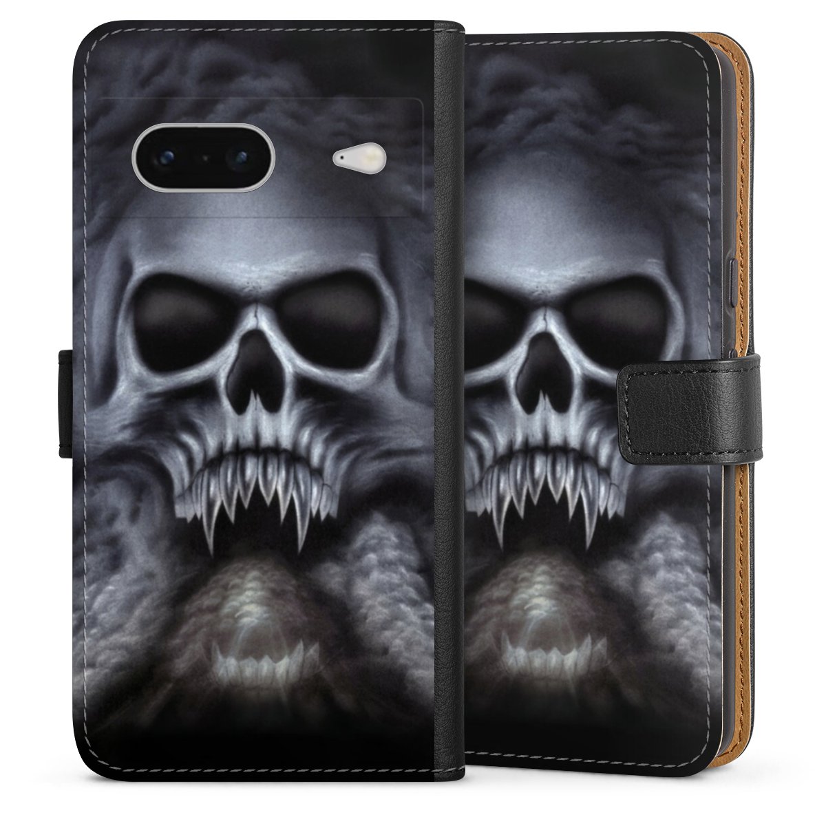 Google Pixel 7 Handy Klapphülle Handyhülle aus Kunst Leder schwarz Flip Case Totenkopf Skull Sideflip mit Lasche