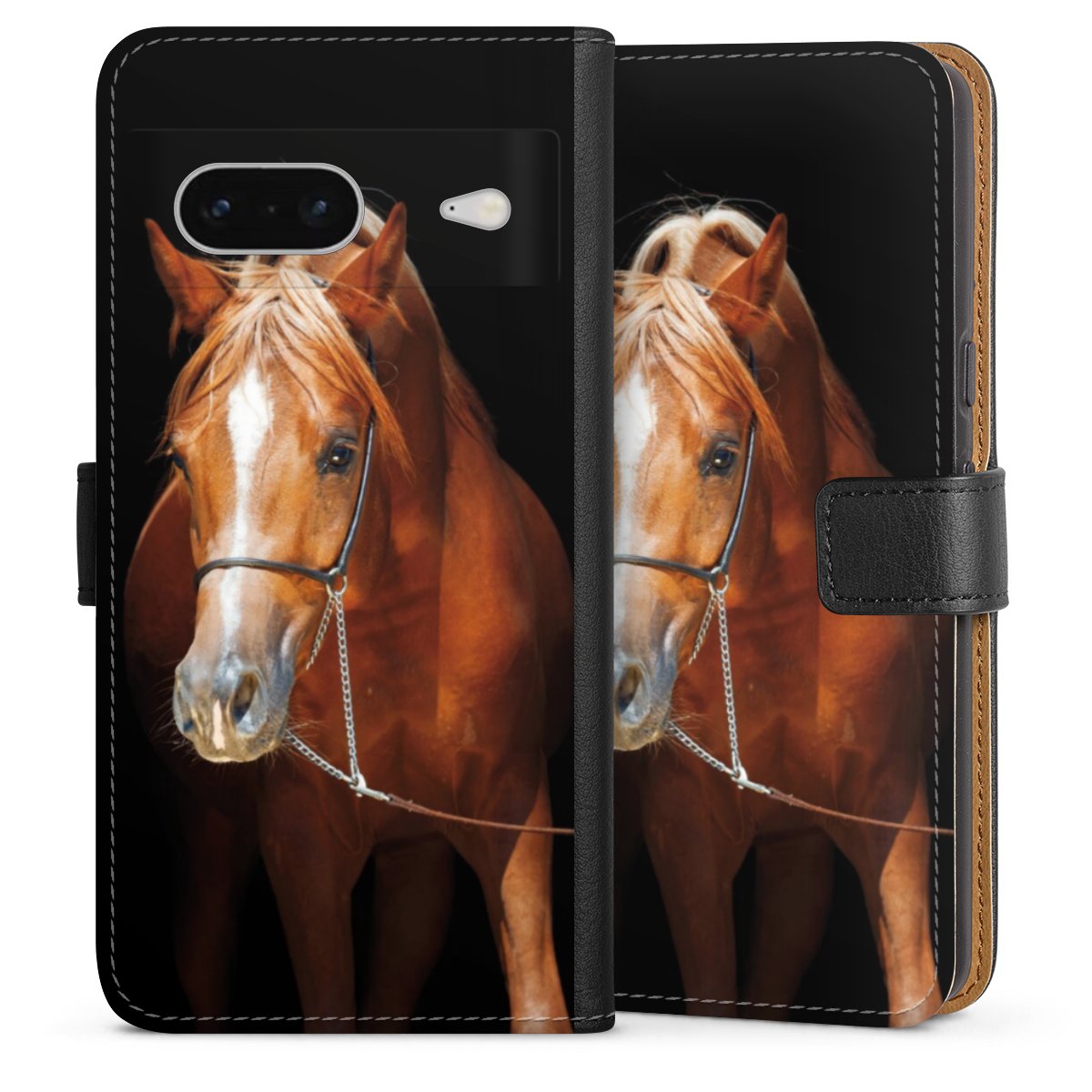 Google Pixel 7 Handy Klapphülle Handyhülle aus Kunst Leder schwarz Flip Case Mare Horse Hobby Sideflip mit Lasche