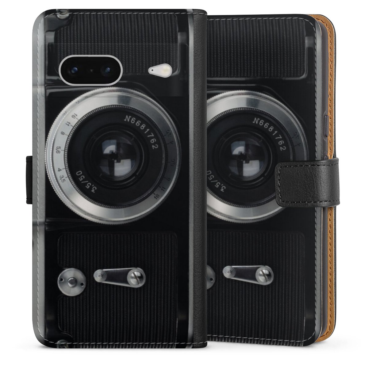 Google Pixel 7 Handy Klapphülle Handyhülle aus Kunst Leder schwarz Flip Case Lens Camera Photography Sideflip mit Lasche