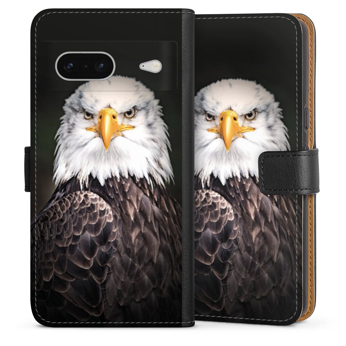 Google Pixel 7 Handy Klapphülle Handyhülle aus Kunst Leder schwarz Flip Case Eagle Bird Sideflip mit Lasche