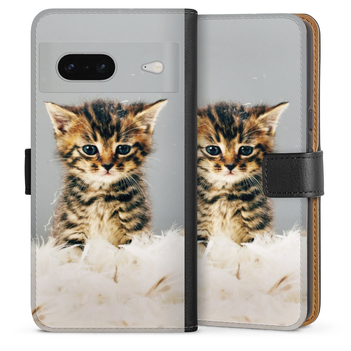 Google Pixel 7 Handy Klapphülle Handyhülle aus Kunst Leder schwarz Flip Case Cat Feather Pet Sideflip mit Lasche