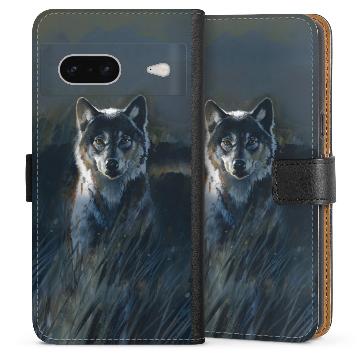 Google Pixel 7 Handy Klapphülle Handyhülle aus Kunst Leder schwarz Flip Case Nature Wolf Painting Sideflip mit Lasche