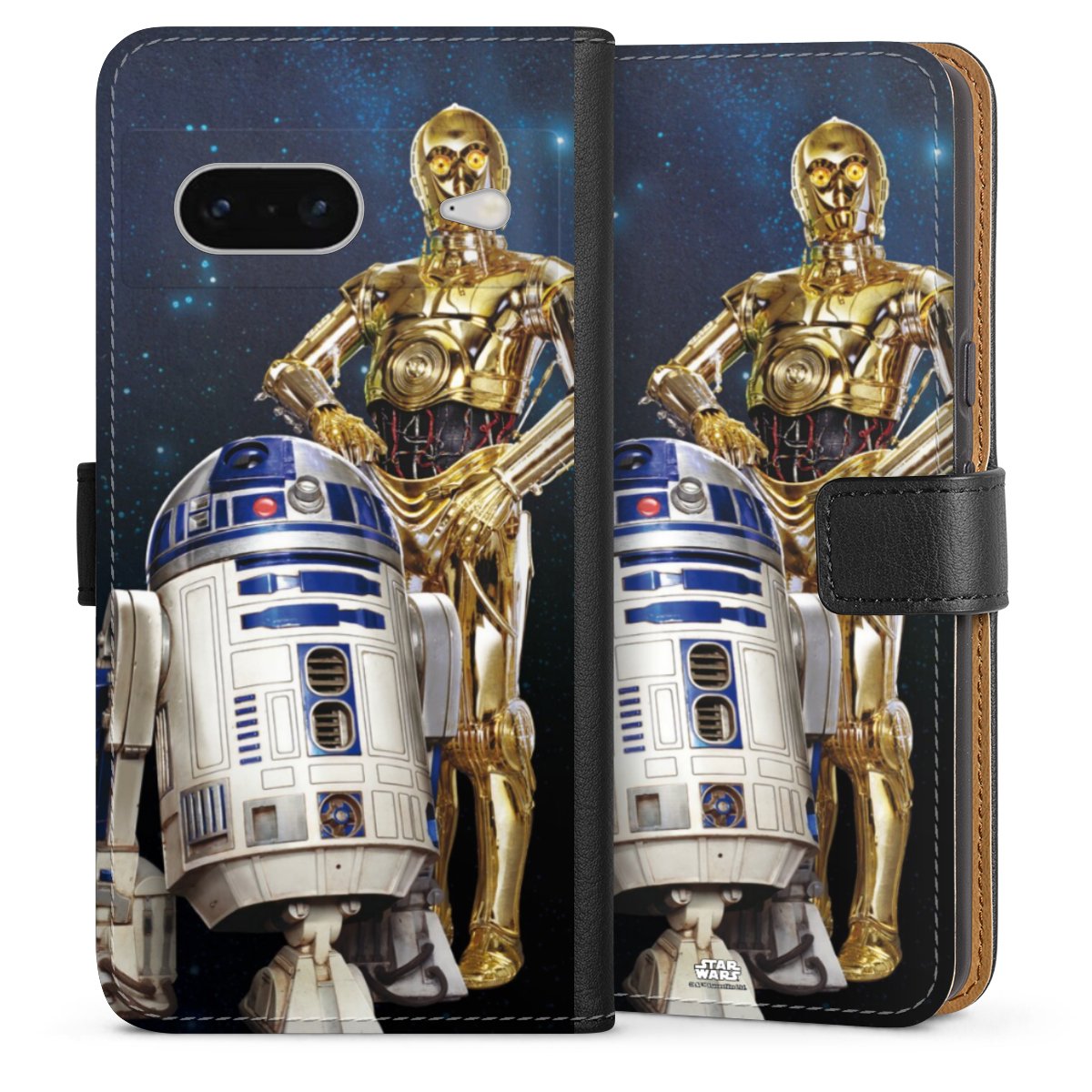 Google Pixel 7 Handy Klapphülle Handyhülle aus Kunst Leder schwarz Flip Case Weltall Star Wars R2d2 Sideflip mit Lasche