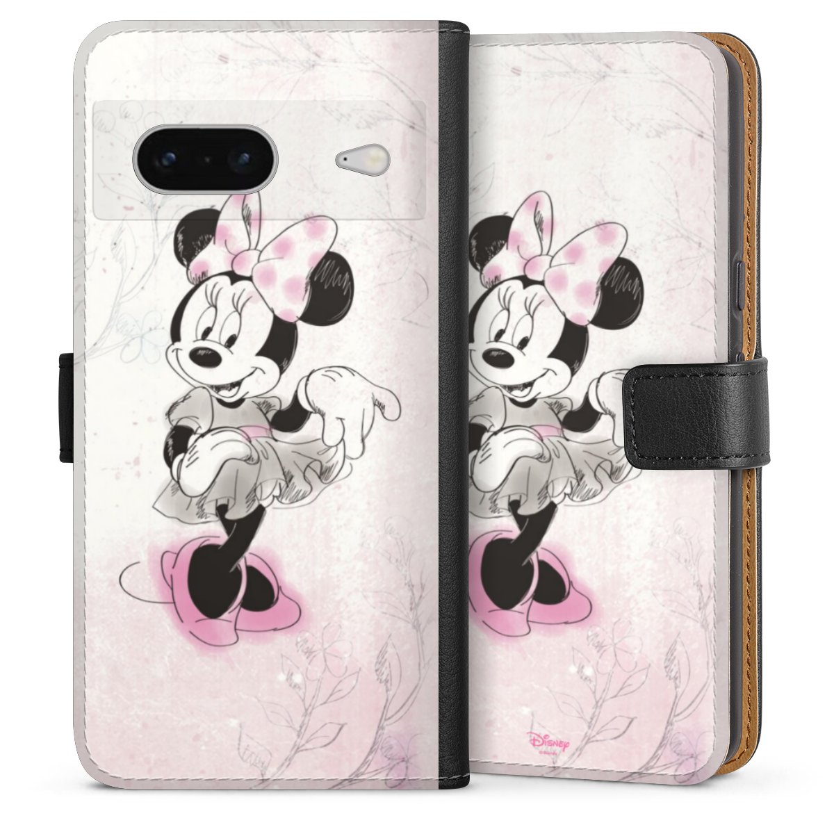 Google Pixel 7 Handy Klapphülle Handyhülle aus Kunst Leder schwarz Flip Case Disney Minnie Mouse Vintage Sideflip mit Lasche