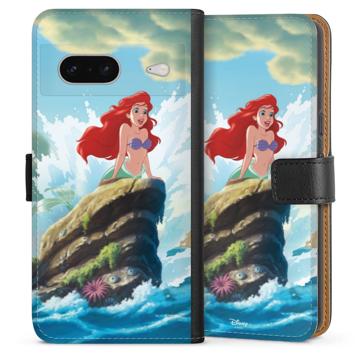 Google Pixel 7 Handy Klapphülle Handyhülle aus Kunst Leder schwarz Flip Case Mermaid Arielle Die Meerjungfrau Official Licensed Product Sideflip mit Lasche