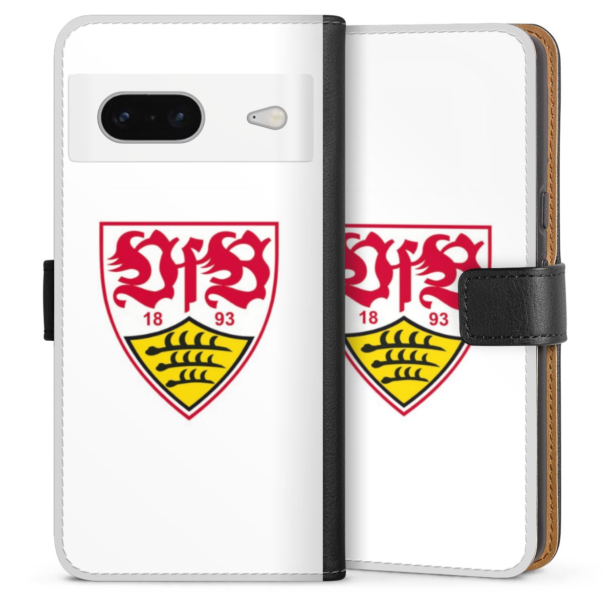 Google Pixel 7 Handy Klapphülle Handyhülle aus Kunst Leder schwarz Flip Case Logo Official Licensed Product Vfb Stuttgart Sideflip mit Lasche