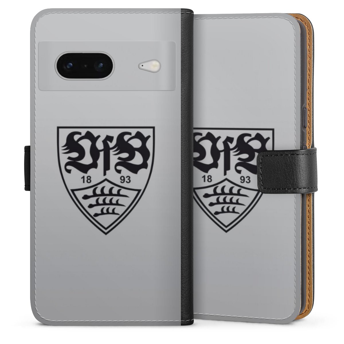 Google Pixel 7 Handy Klapphülle Handyhülle aus Kunst Leder schwarz Flip Case Logo Vfb Stuttgart Official Licensed Product Sideflip mit Lasche