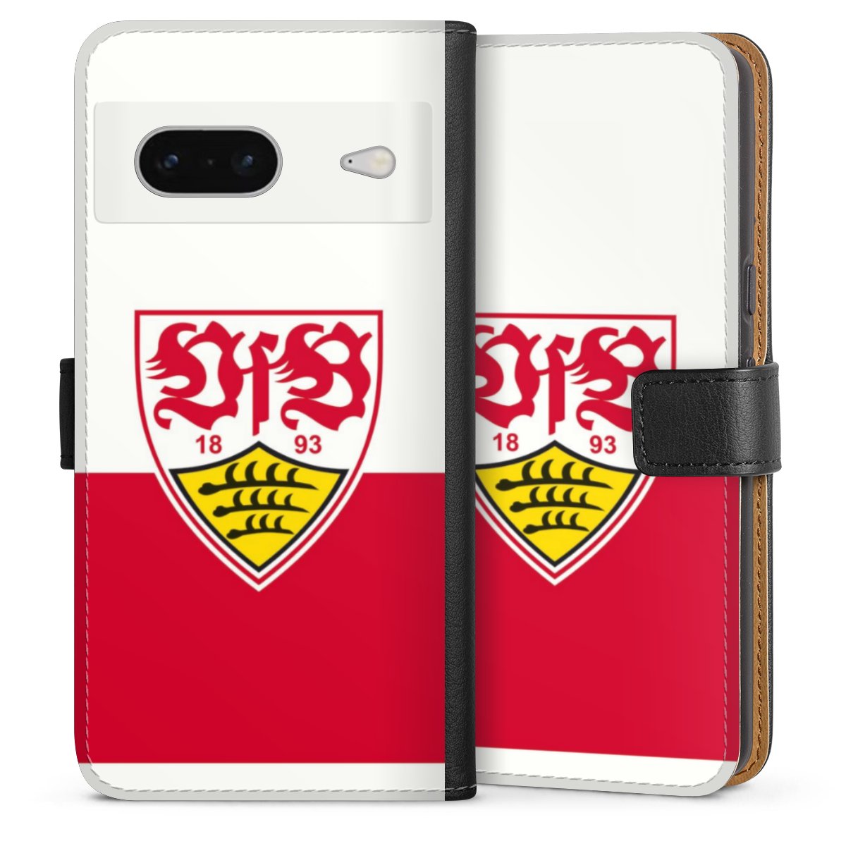 Google Pixel 7 Handy Klapphülle Handyhülle aus Kunst Leder schwarz Flip Case Official Licensed Product Logo Vfb Stuttgart Sideflip mit Lasche