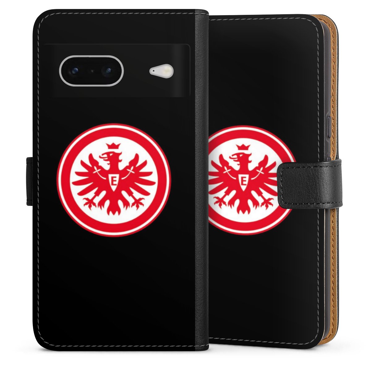 Google Pixel 7 Handy Klapphülle Handyhülle aus Kunst Leder schwarz Flip Case Eintracht Frankfurt Sge Eagle Sideflip mit Lasche