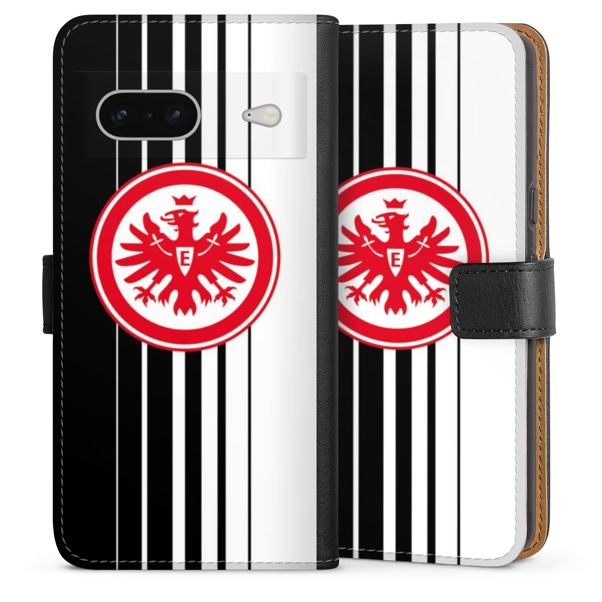 Google Pixel 7 Handy Klapphülle Handyhülle aus Kunst Leder schwarz Flip Case Stripes Eintracht Frankfurt Official Licensed Product Sideflip mit Lasche