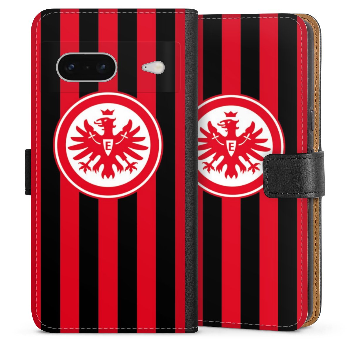 Google Pixel 7 Handy Klapphülle Handyhülle aus Kunst Leder schwarz Flip Case Stripes Sge Eintracht Frankfurt Sideflip mit Lasche