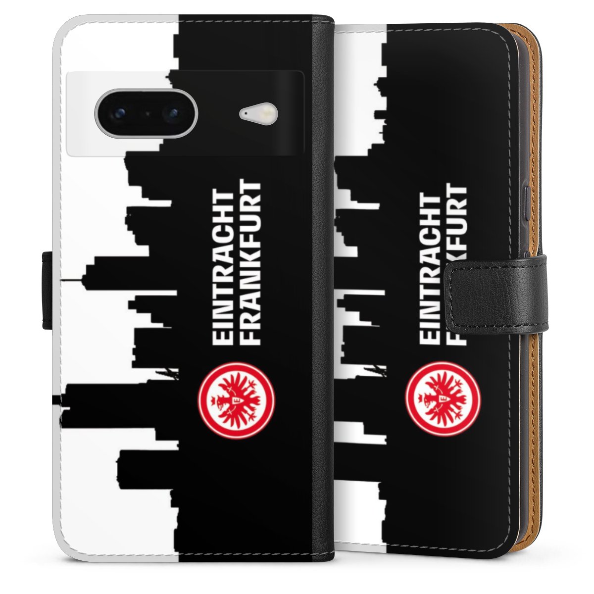 Google Pixel 7 Handy Klapphülle Handyhülle aus Kunst Leder schwarz Flip Case Sge Eintracht Frankfurt Official Licensed Product Sideflip mit Lasche