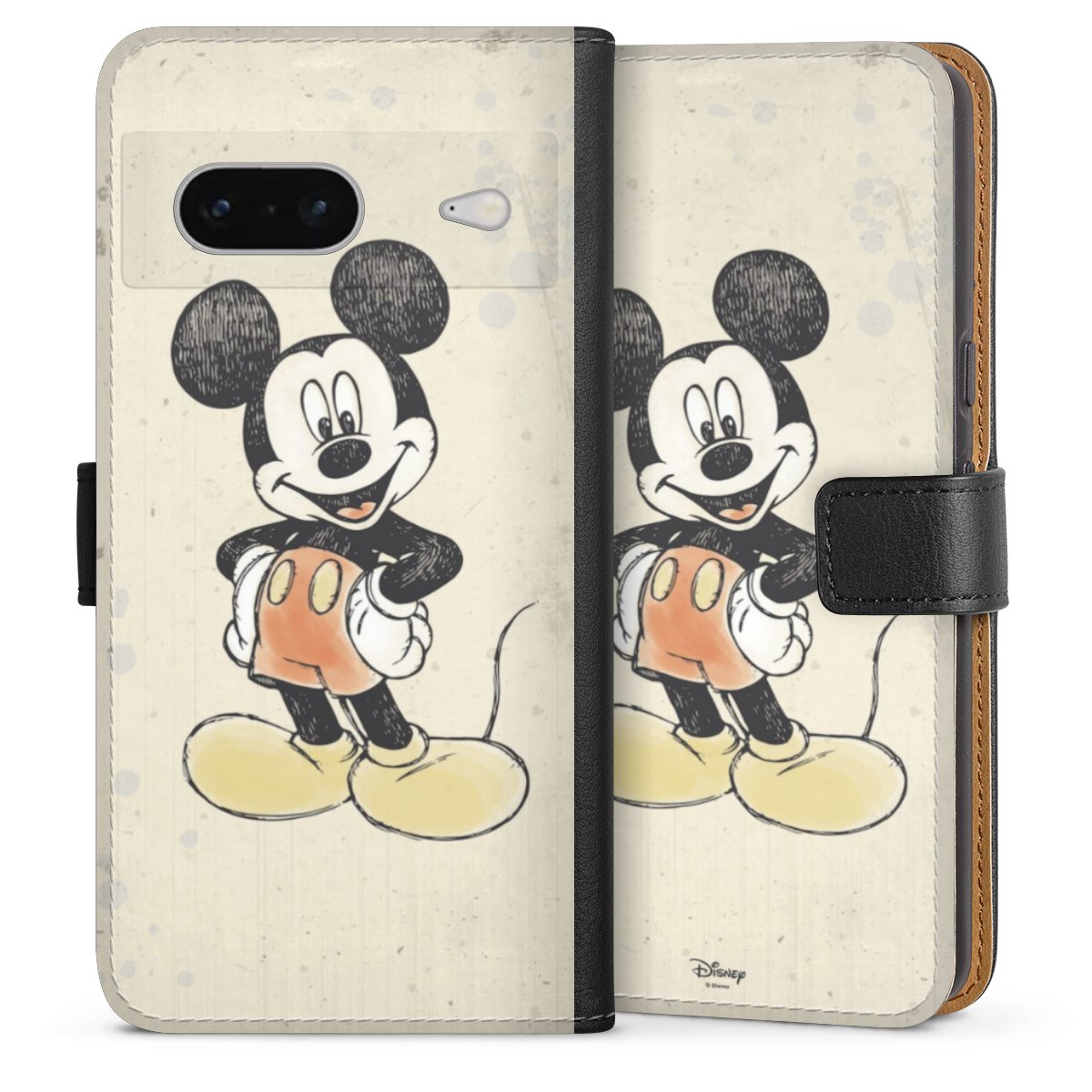 Google Pixel 7 Handy Klapphülle Handyhülle aus Kunst Leder schwarz Flip Case Water Colour Mickey & Minnie Mouse Official Licensed Product Sideflip mit Lasche