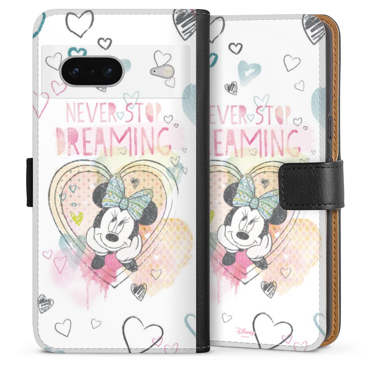 Google Pixel 7 Handy Klapphülle Handyhülle aus Kunst Leder schwarz Flip Case Disney Official Licensed Product Minnie Mouse Sideflip mit Lasche