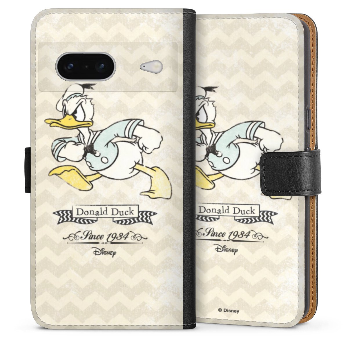 Google Pixel 7 Handy Klapphülle Handyhülle aus Kunst Leder schwarz Flip Case Official Licensed Product Disney Donuld Duck Vintage Sideflip mit Lasche