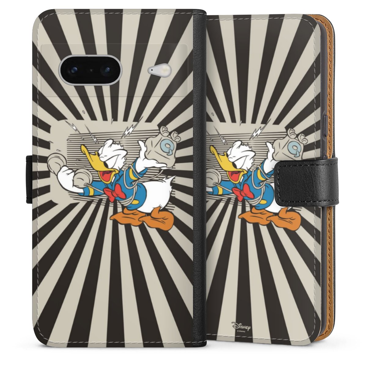 Google Pixel 7 Handy Klapphülle Handyhülle aus Kunst Leder schwarz Flip Case Donald Duck Disney Official Licensed Product Sideflip mit Lasche