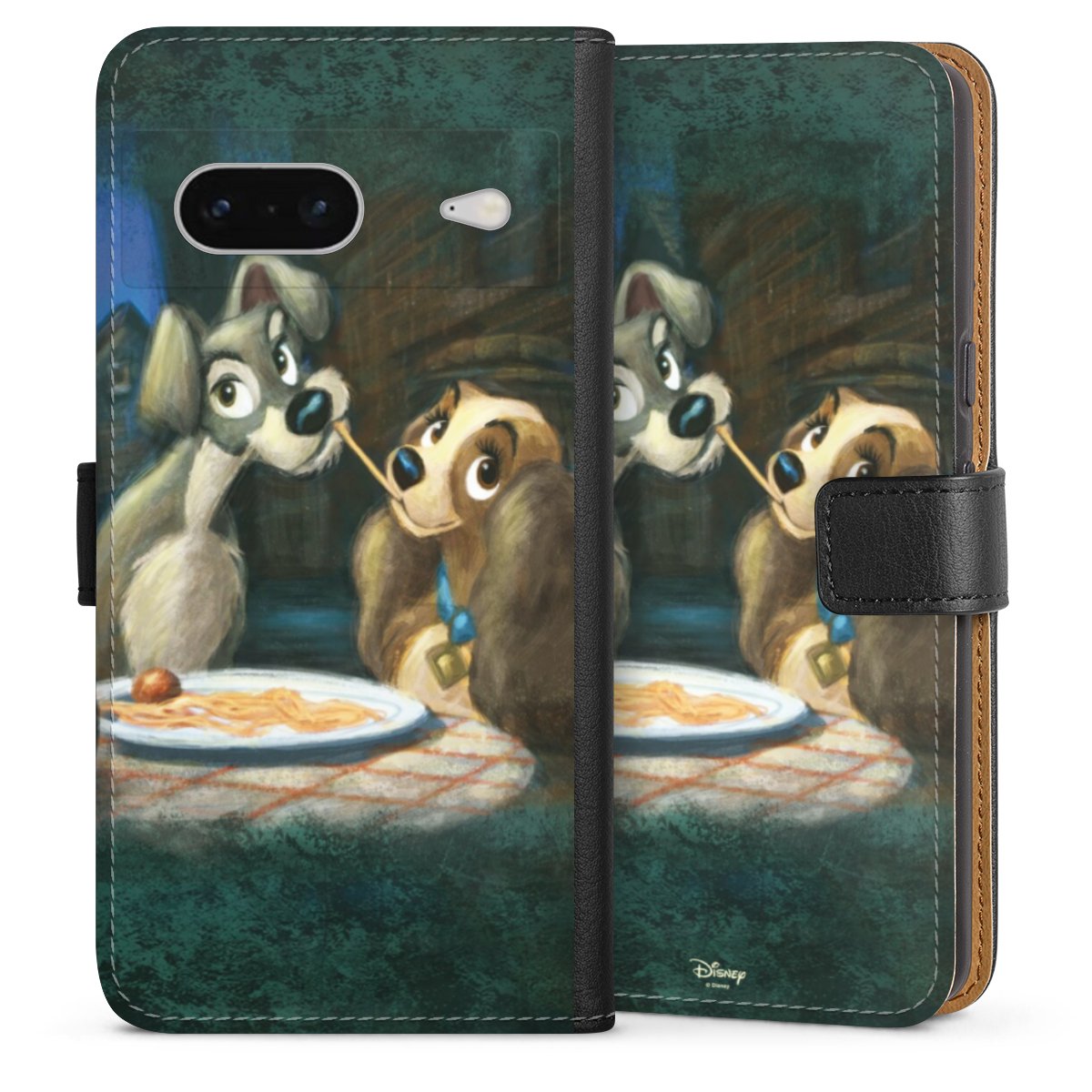 Google Pixel 7 Handy Klapphülle Handyhülle aus Kunst Leder schwarz Flip Case Lady And The Tramp Official Licensed Product Disney Sideflip mit Lasche