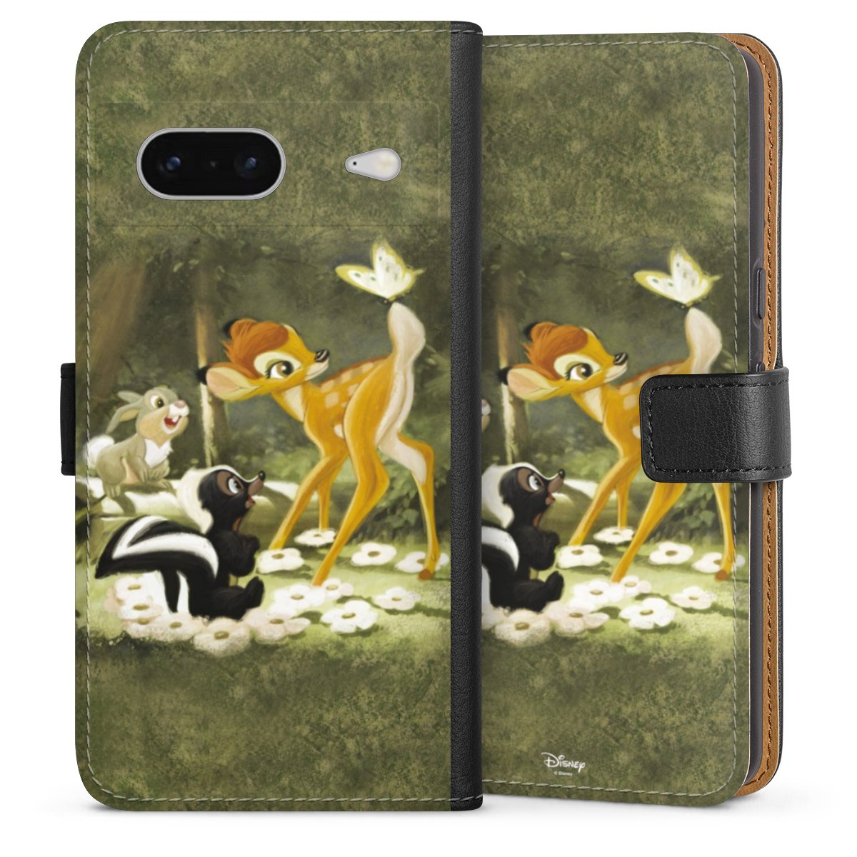 Google Pixel 7 Handy Klapphülle Handyhülle aus Kunst Leder schwarz Flip Case Disney Official Licensed Product Bambi Sideflip mit Lasche