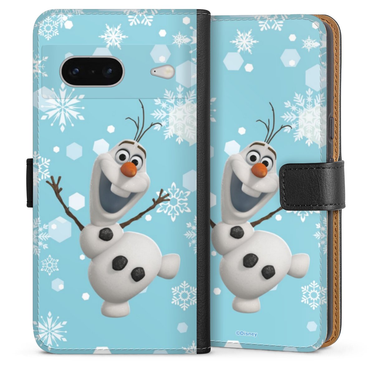 Google Pixel 7 Handy Klapphülle Handyhülle aus Kunst Leder schwarz Flip Case Disney Official Licensed Product Frozen Olaf Sideflip mit Lasche