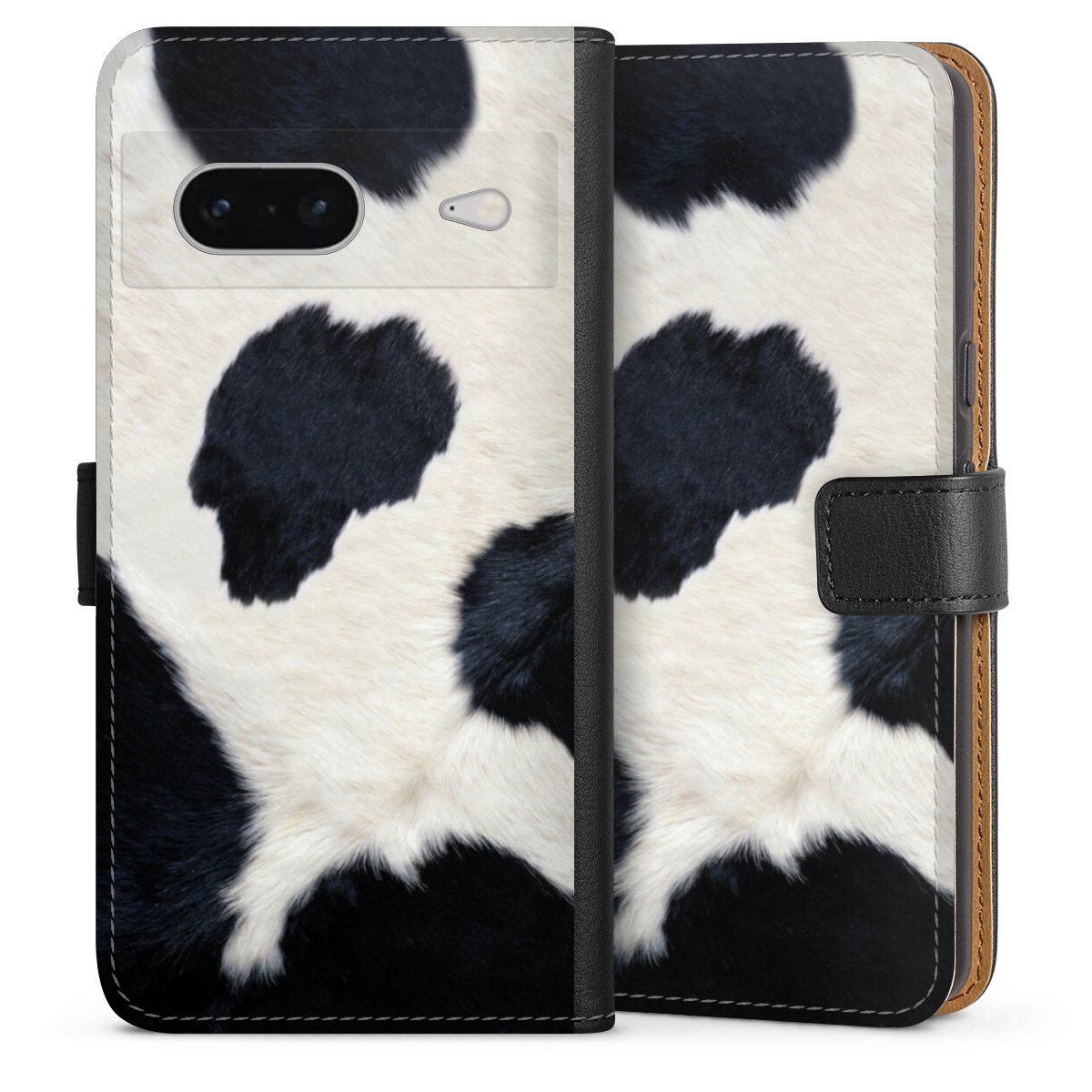 Google Pixel 7 Handy Klapphülle Handyhülle aus Kunst Leder schwarz Flip Case Animal Look Animal Print Cow Skin Sideflip mit Lasche