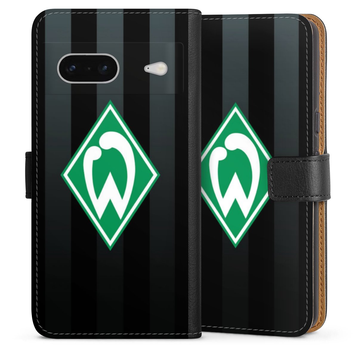 Google Pixel 7 Handy Klapphülle Handyhülle aus Kunst Leder schwarz Flip Case Stripes Sv Werder Bremen Official Licensed Product Sideflip mit Lasche