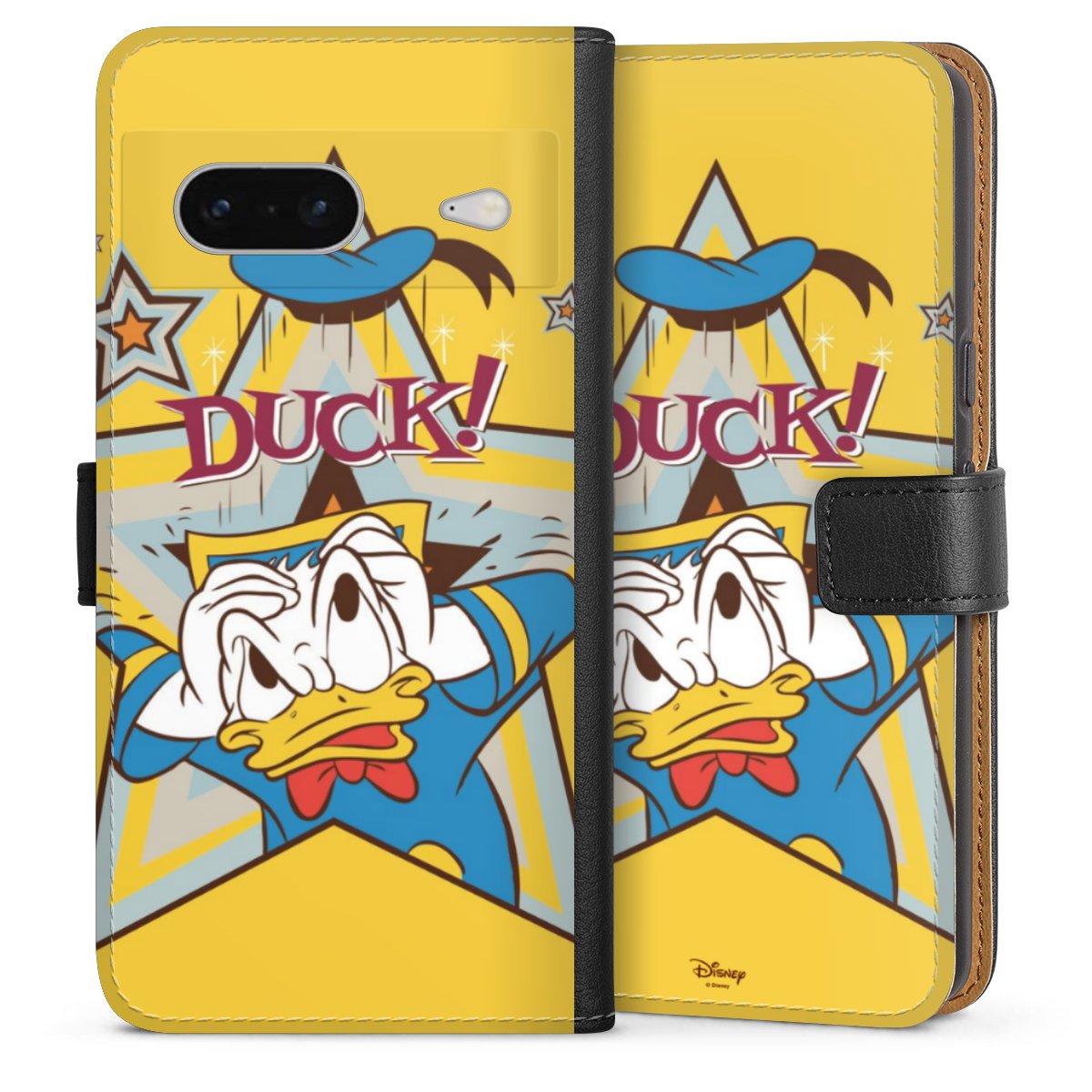 Google Pixel 7 Handy Klapphülle Handyhülle aus Kunst Leder schwarz Flip Case Official Licensed Product Donald Duck Disney Sideflip mit Lasche