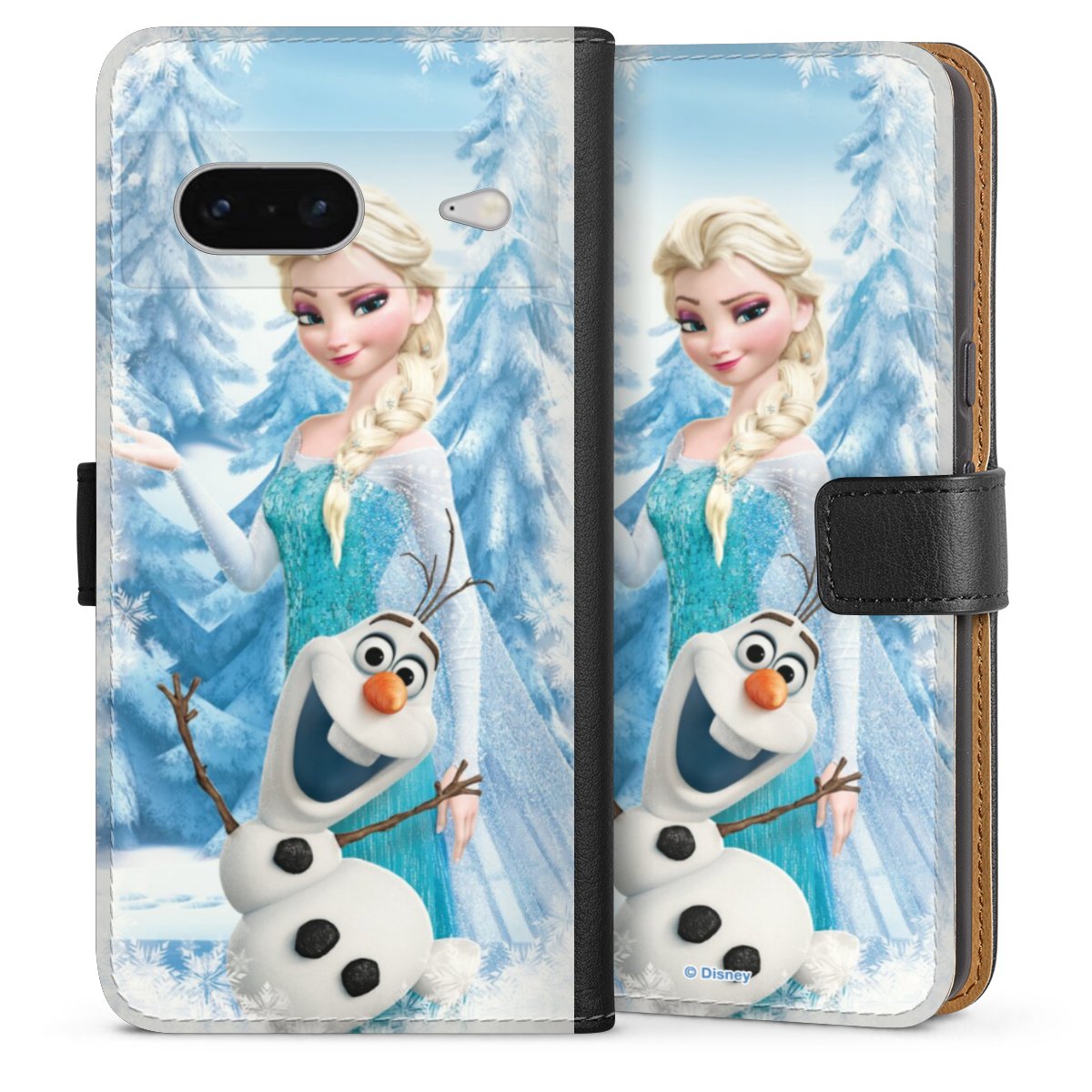 Google Pixel 7 Handy Klapphülle Handyhülle aus Kunst Leder schwarz Flip Case Official Licensed Product Frozen Elsa Disney Sideflip mit Lasche