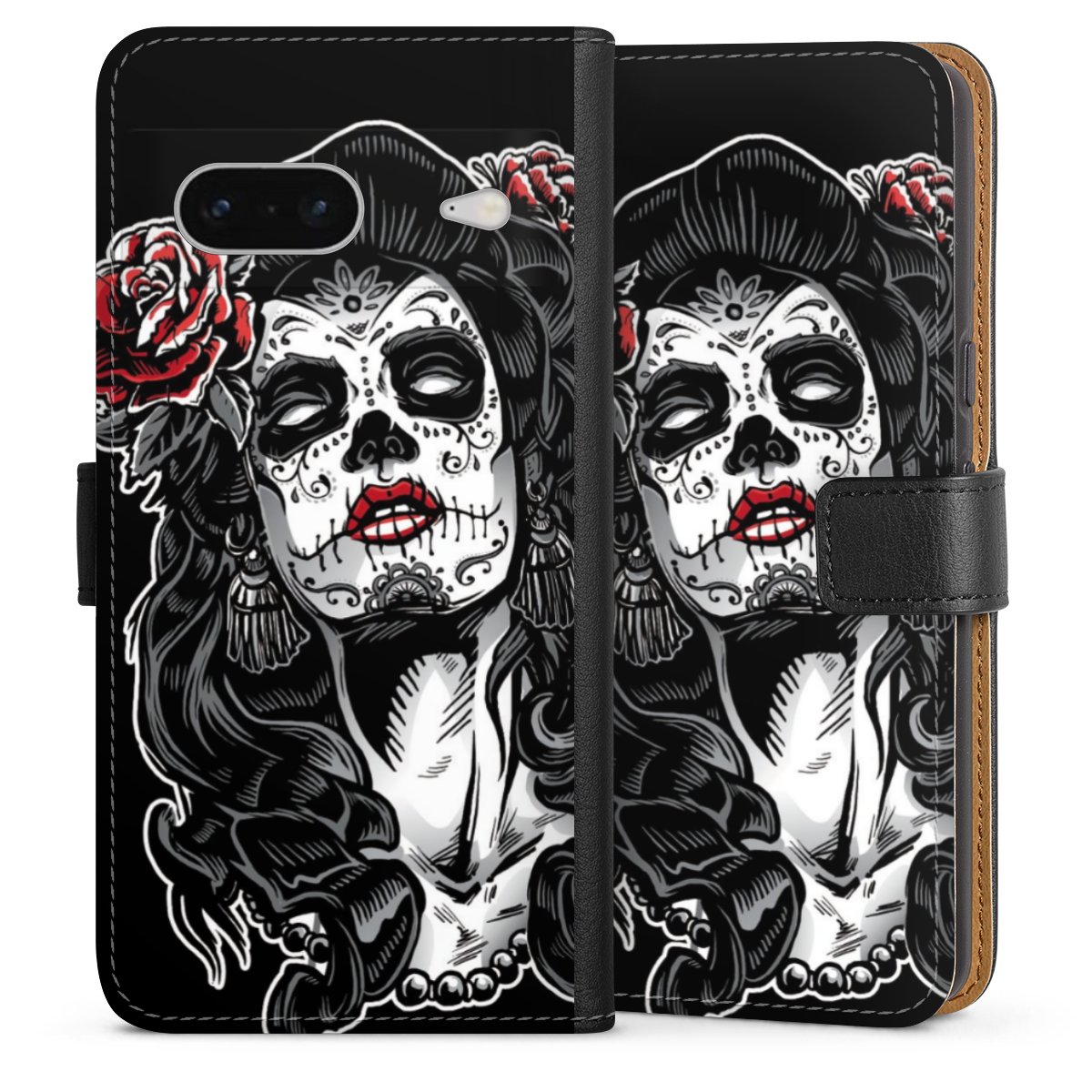 Google Pixel 7 Handy Klapphülle Handyhülle aus Kunst Leder schwarz Flip Case Totenkopf Día De Los Muertos Rock 'N' Roll Sideflip mit Lasche