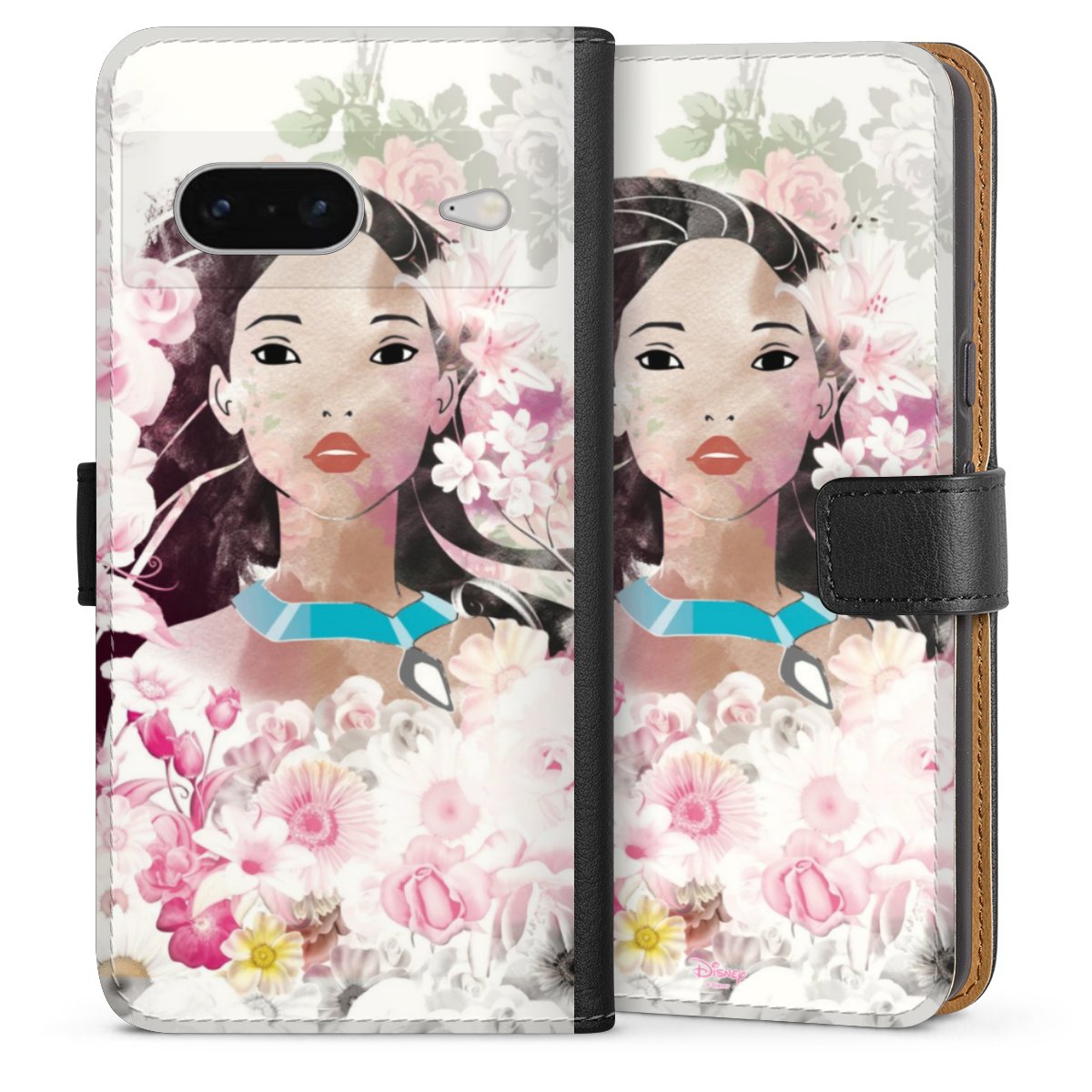 Google Pixel 7 Handy Klapphülle Handyhülle aus Kunst Leder schwarz Flip Case Pocahontas Official Licensed Product Disney Sideflip mit Lasche