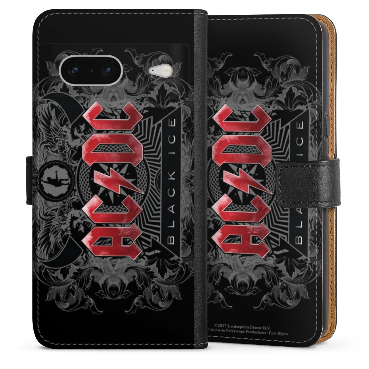 Google Pixel 7 Handy Klapphülle Handyhülle aus Kunst Leder schwarz Flip Case Merchandise Black Ice Acdc Sideflip mit Lasche