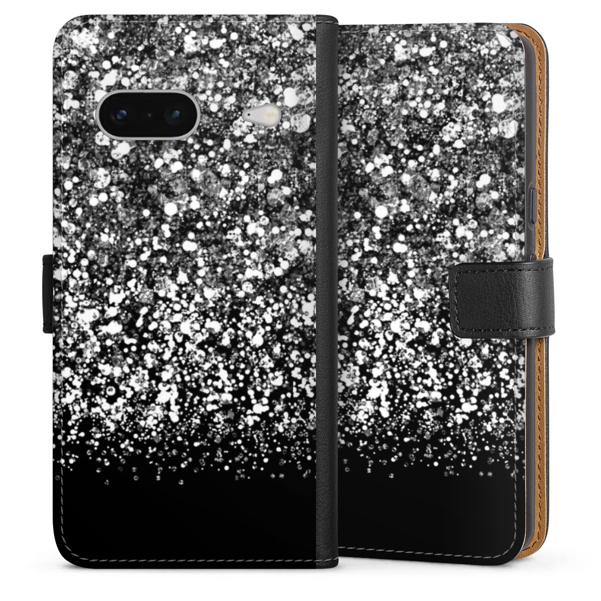 Google Pixel 7 Handy Klapphülle Handyhülle aus Kunst Leder schwarz Flip Case Glitzer Snowflake Muster Sideflip mit Lasche