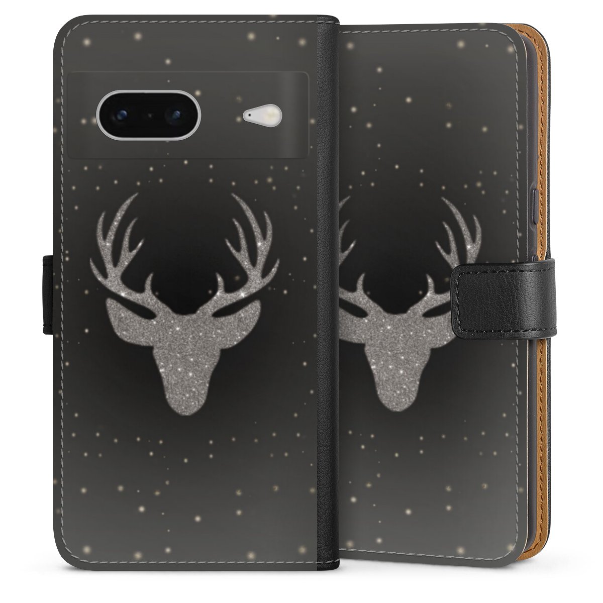 Google Pixel 7 Handy Klapphülle Handyhülle aus Kunst Leder schwarz Flip Case Winter Deer Glitzer Sideflip mit Lasche