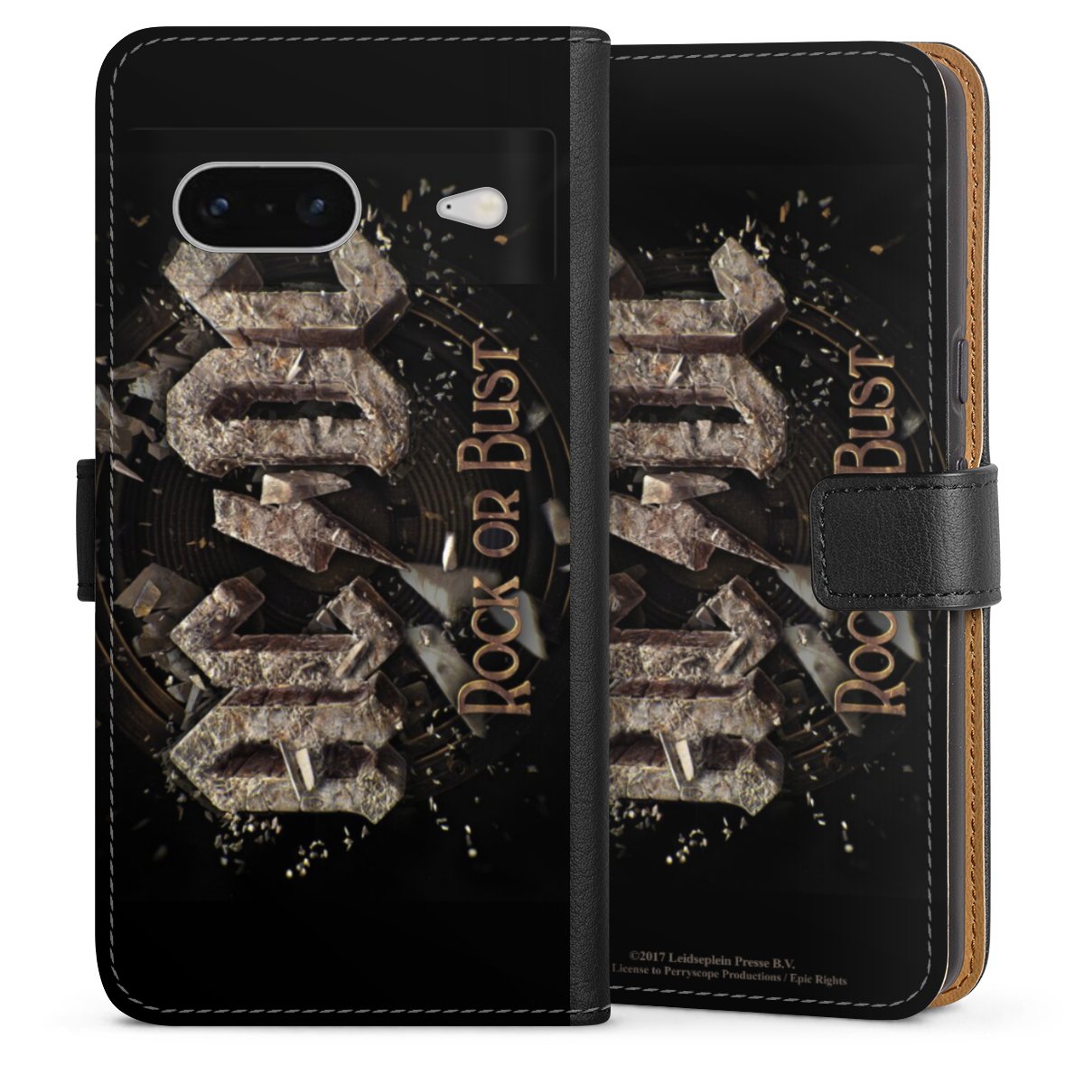 Google Pixel 7 Handy Klapphülle Handyhülle aus Kunst Leder schwarz Flip Case Acdc Official Licensed Product Rock Or Bust Sideflip mit Lasche