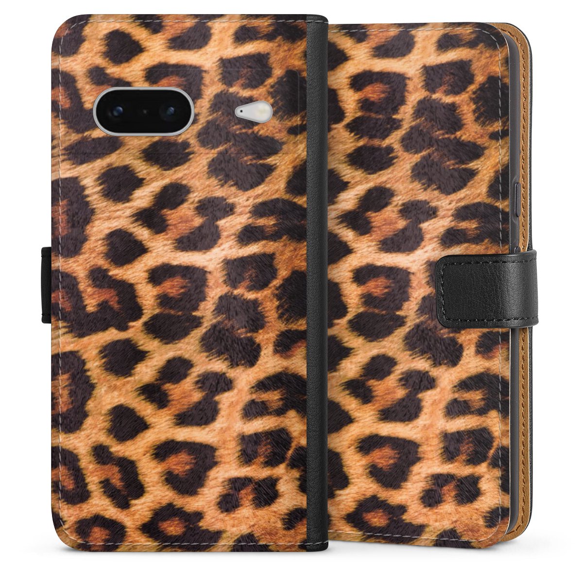 Google Pixel 7 Handy Klapphülle Handyhülle aus Kunst Leder schwarz Flip Case Animal Print Leopard Fur Sideflip mit Lasche