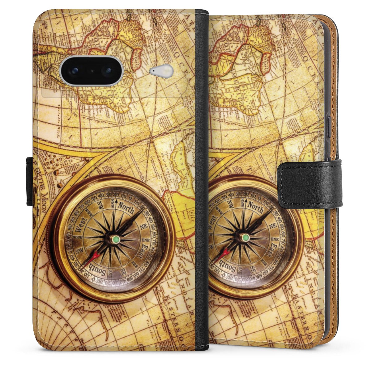 Google Pixel 7 Handy Klapphülle Handyhülle aus Kunst Leder schwarz Flip Case World Map Map Compass Sideflip mit Lasche