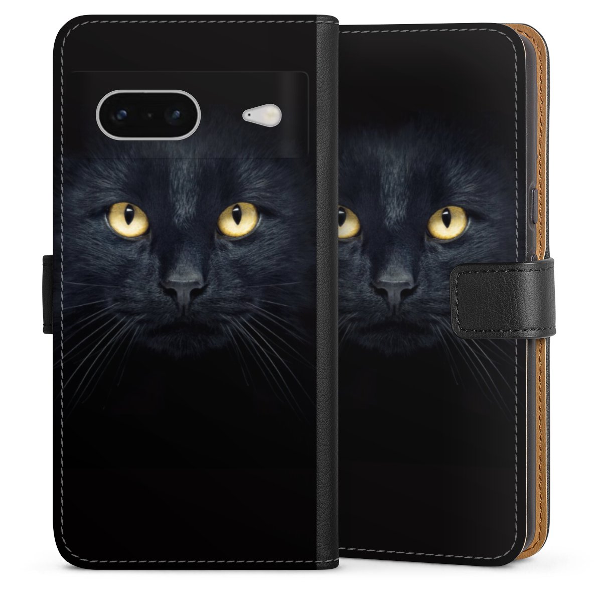 Google Pixel 7 Handy Klapphülle Handyhülle aus Kunst Leder schwarz Flip Case Eye Cat Black Sideflip mit Lasche