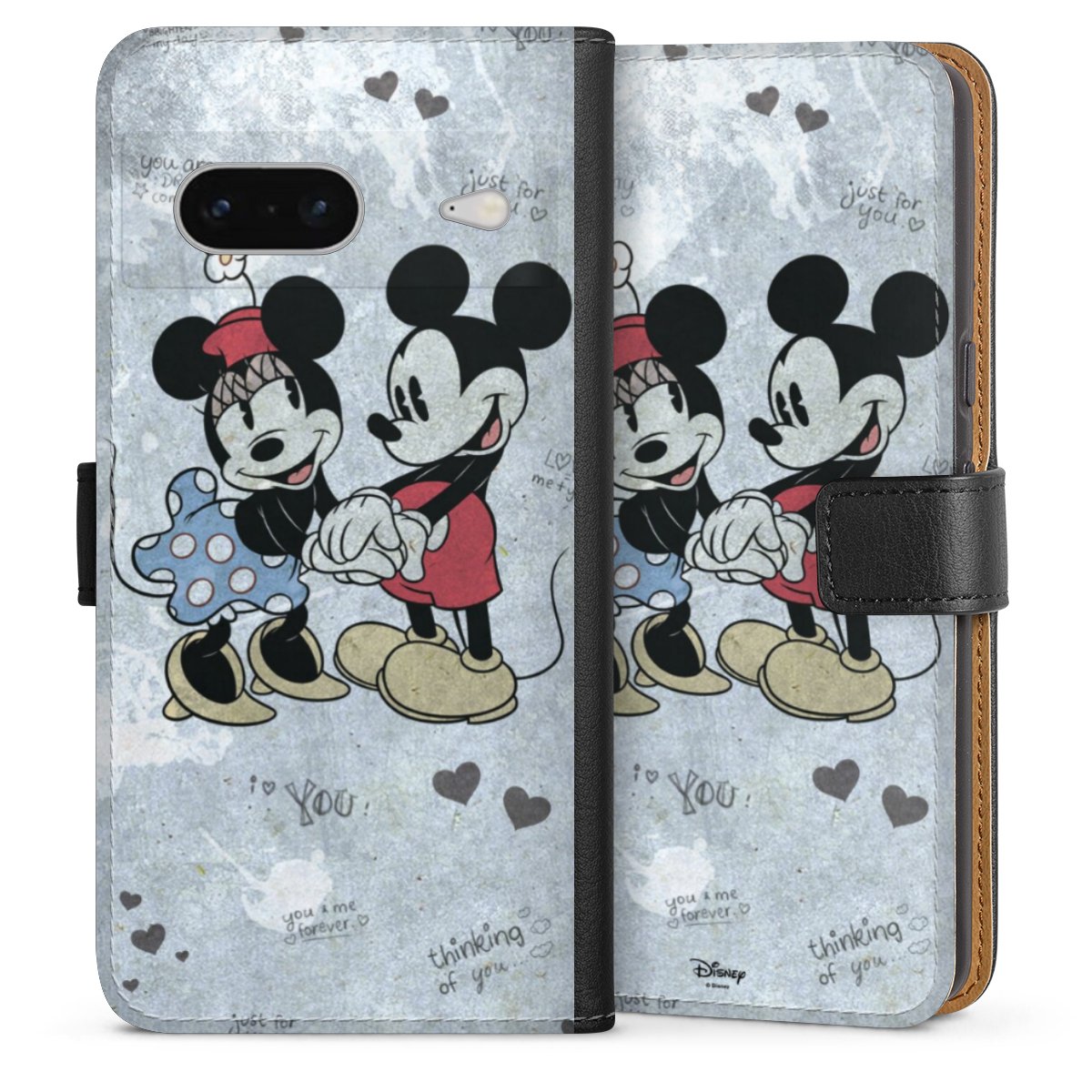 Google Pixel 7 Handy Klapphülle Handyhülle aus Kunst Leder schwarz Flip Case Mickey & Minnie Mouse Vintage Disney Sideflip mit Lasche