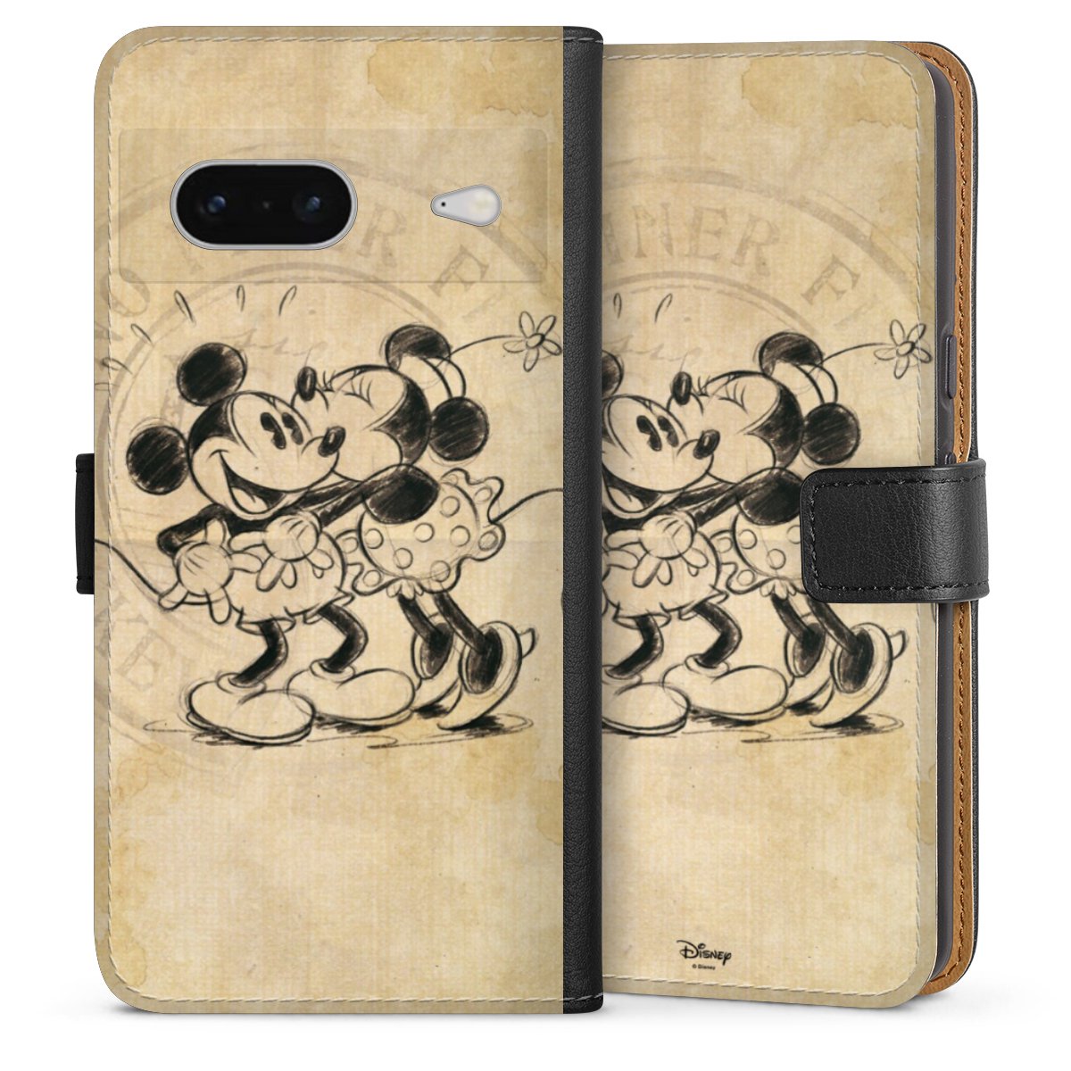 Google Pixel 7 Handy Klapphülle Handyhülle aus Kunst Leder schwarz Flip Case Mickey Mouse Vintage Minnie Mouse Sideflip mit Lasche