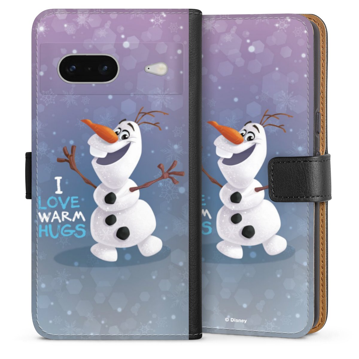 Google Pixel 7 Handy Klapphülle Handyhülle aus Kunst Leder schwarz Flip Case Frozen Frozen Olaf Official Licensed Product Sideflip mit Lasche