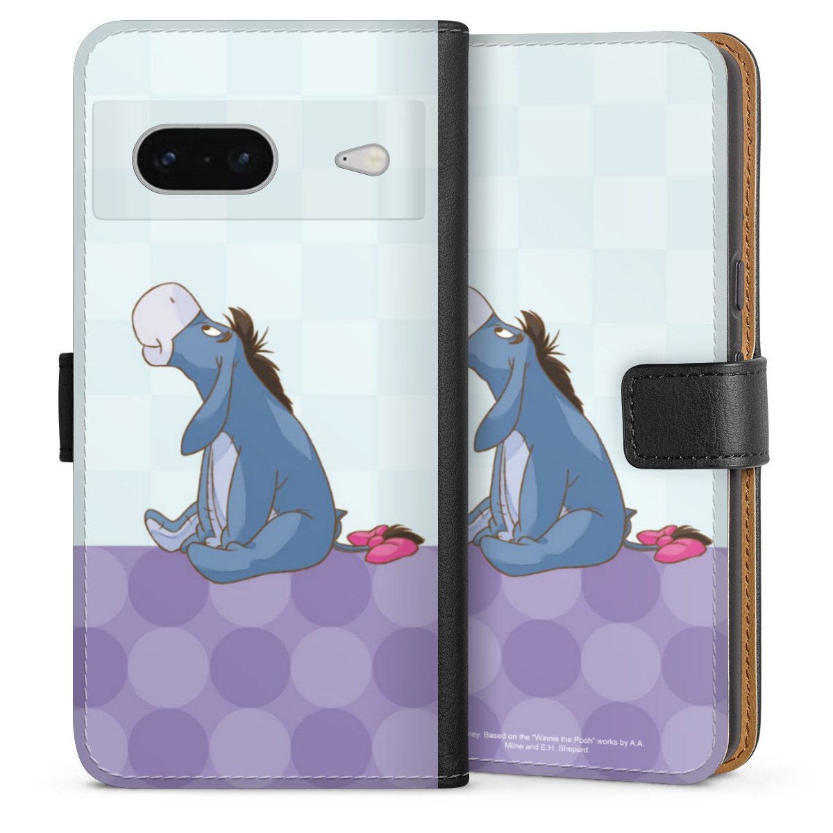 Google Pixel 7 Handy Klapphülle Handyhülle aus Kunst Leder schwarz Flip Case Disney Donkey Winnie The Pooh Sideflip mit Lasche