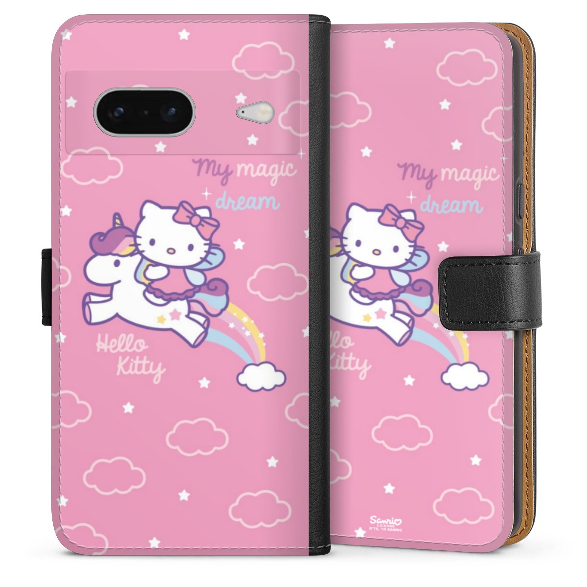 Google Pixel 7 Handy Klapphülle Handyhülle aus Kunst Leder schwarz Flip Case Einhorn Official Licensed Product Hello Kitty Sideflip mit Lasche