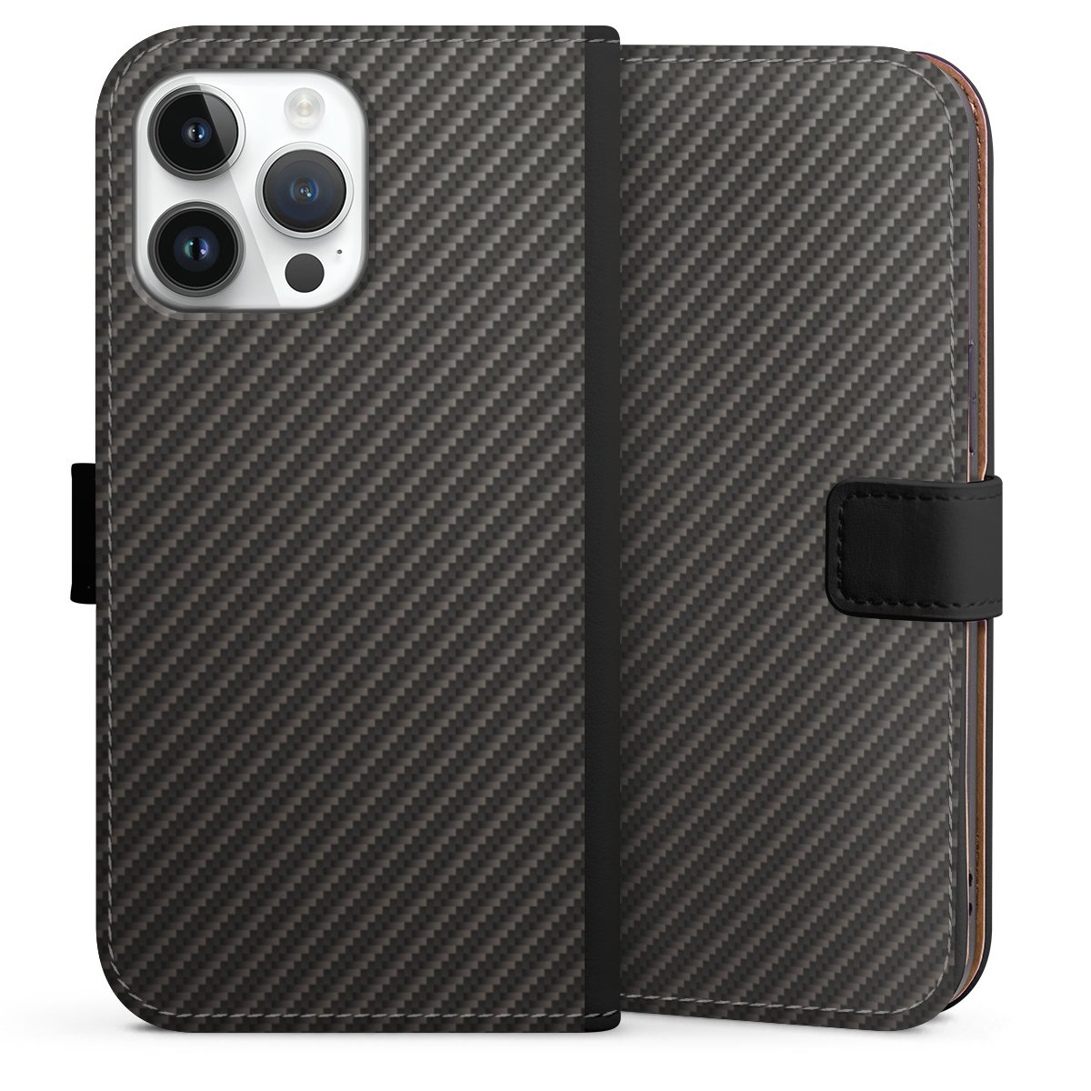 iPhone 14 Pro Max Handy Klapphülle Handyhülle aus Kunst Leder schwarz Flip Case Metallic Look Carbon Muster Sideflip mit Lasche