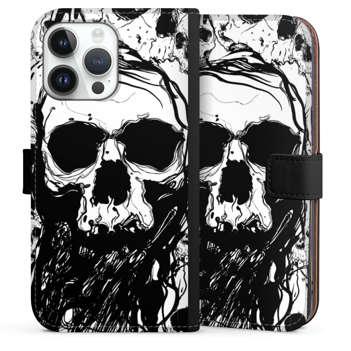 iPhone 14 Pro Max Handy Klapphülle Handyhülle aus Kunst Leder schwarz Flip Case Totenkopf Halloween Sideflip mit Lasche