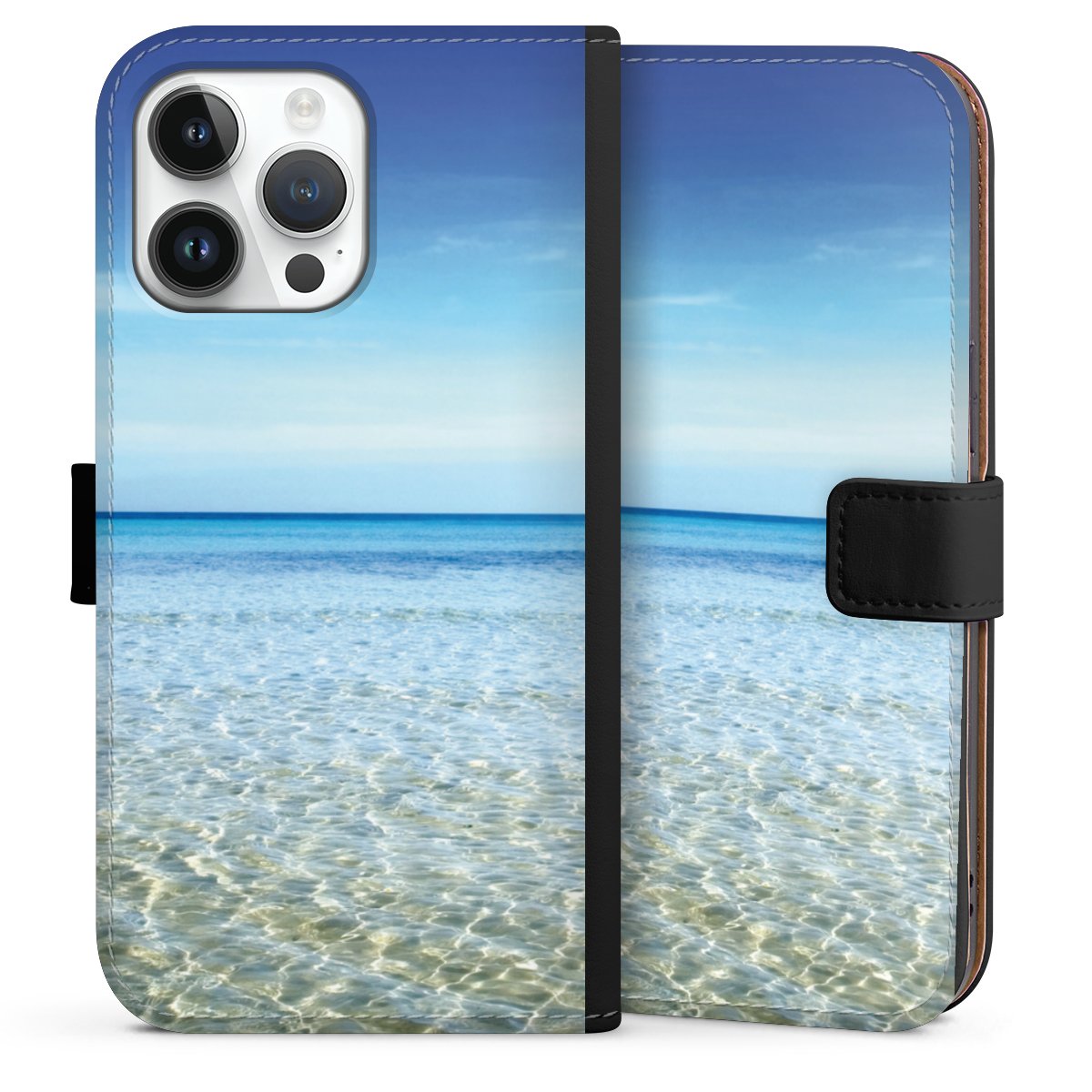 iPhone 14 Pro Max Handy Klapphülle Handyhülle aus Kunst Leder schwarz Flip Case Urlaub Sky Ocean Sideflip mit Lasche