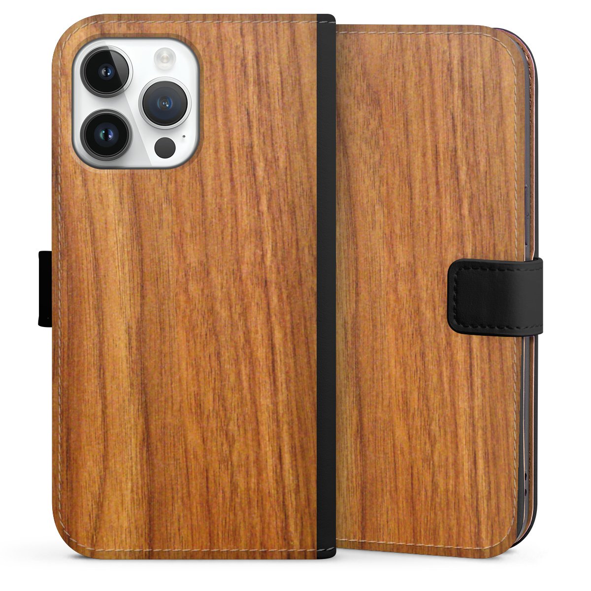 iPhone 14 Pro Max Handy Klapphülle Handyhülle aus Kunst Leder schwarz Flip Case Wood Larch Wooden Look Sideflip mit Lasche