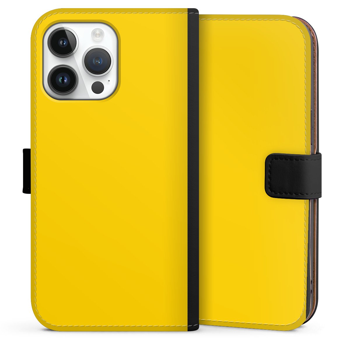 iPhone 14 Pro Max Handy Klapphülle Handyhülle aus Kunst Leder schwarz Flip Case Yellow Unicoloured Colour Sideflip mit Lasche